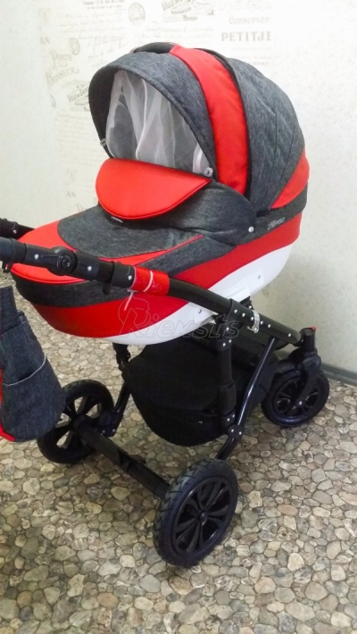 bērnu rati 2in1/3in1 Florencija sarkana eko āda / pelēkais audums